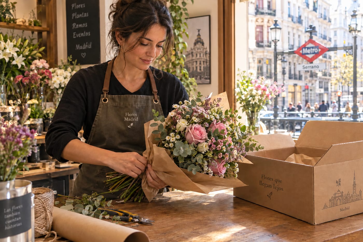 Floristería céntrica junto a Metro Serrano Exterior de floristería en zona céntrica, ideal para cómo elegir floristería en Madrid centro con envío rápido