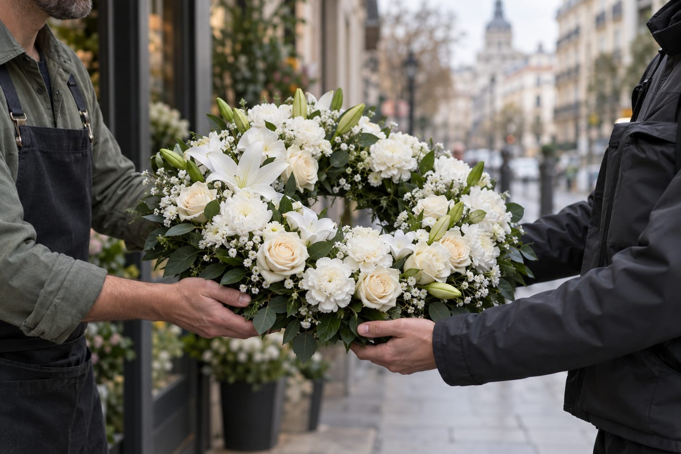 Corona funeraria para ilustrar dónde comprar coronas de flores en Madrid con envío rápido y entrega en tanatorio
